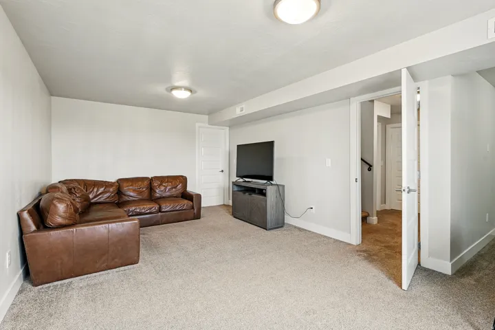 Living room featuring light carpet