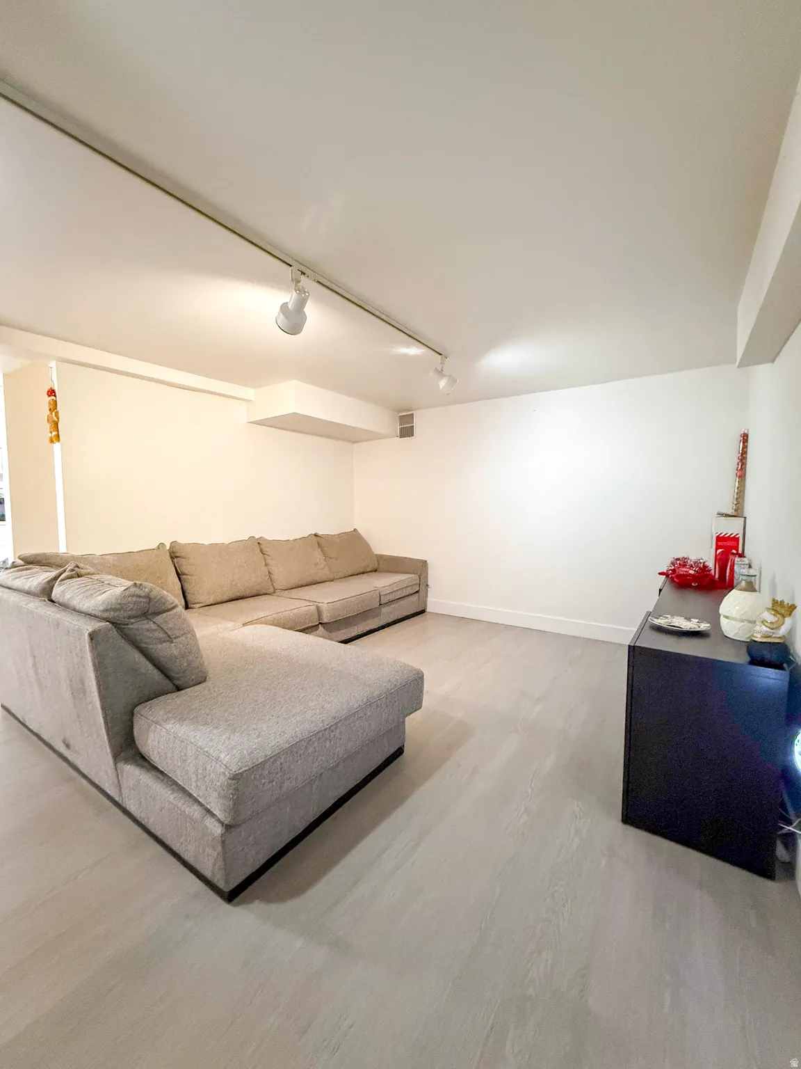 Living area with track lighting and light wood-style flooring
