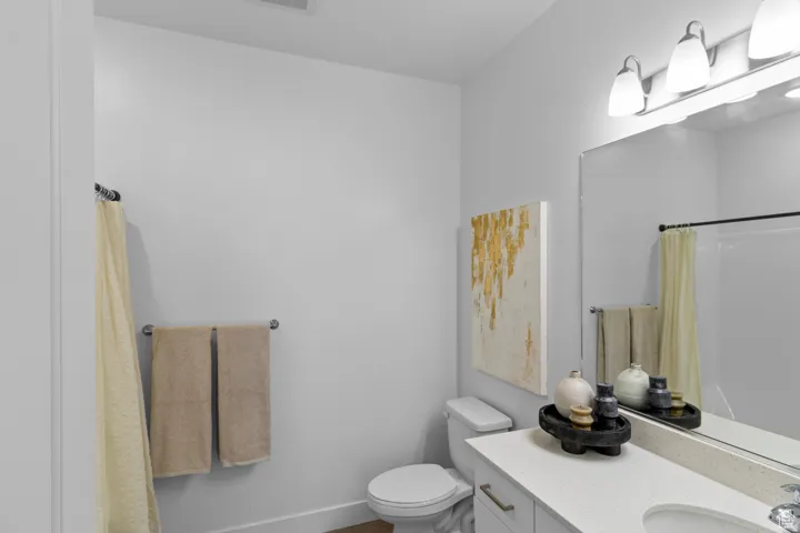 Full bath featuring vanity and a shower with shower curtain