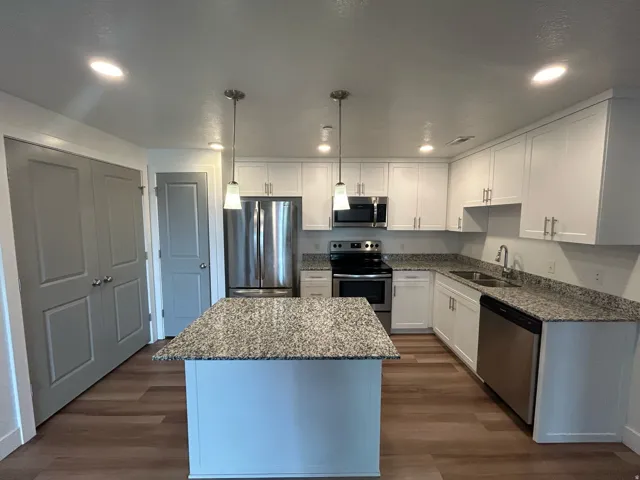 Kitchen featuring dark stone countertops, appliances with stainless steel finishes, white cabinetry, dark wood-style floors, and pendant lighting
