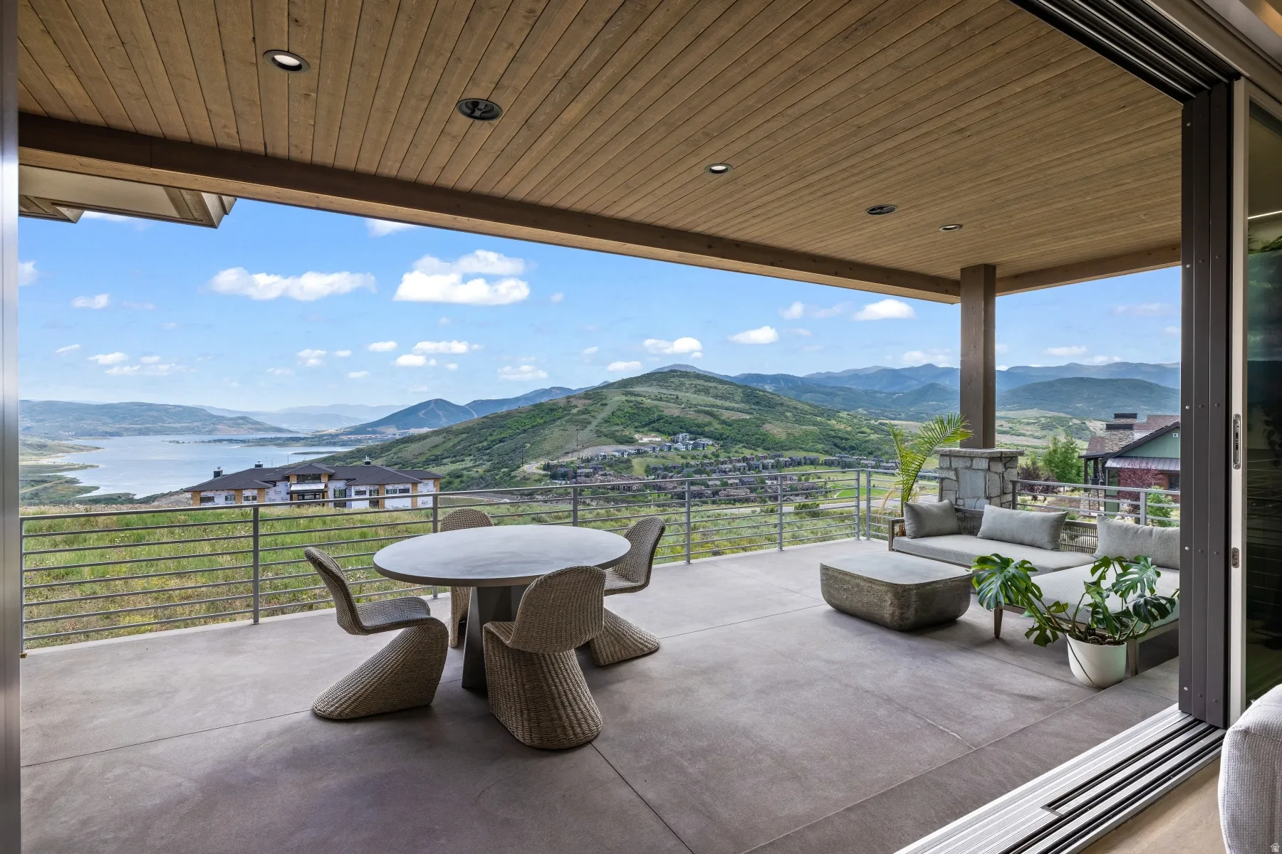 View of patio featuring a mountain view
