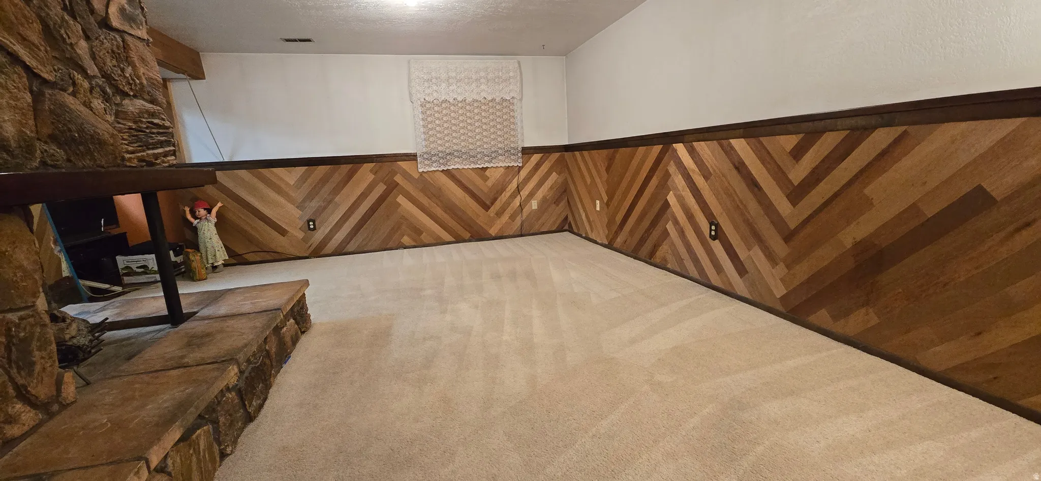 Bonus room with wood walls, wainscoting, carpet floors, and a textured ceiling