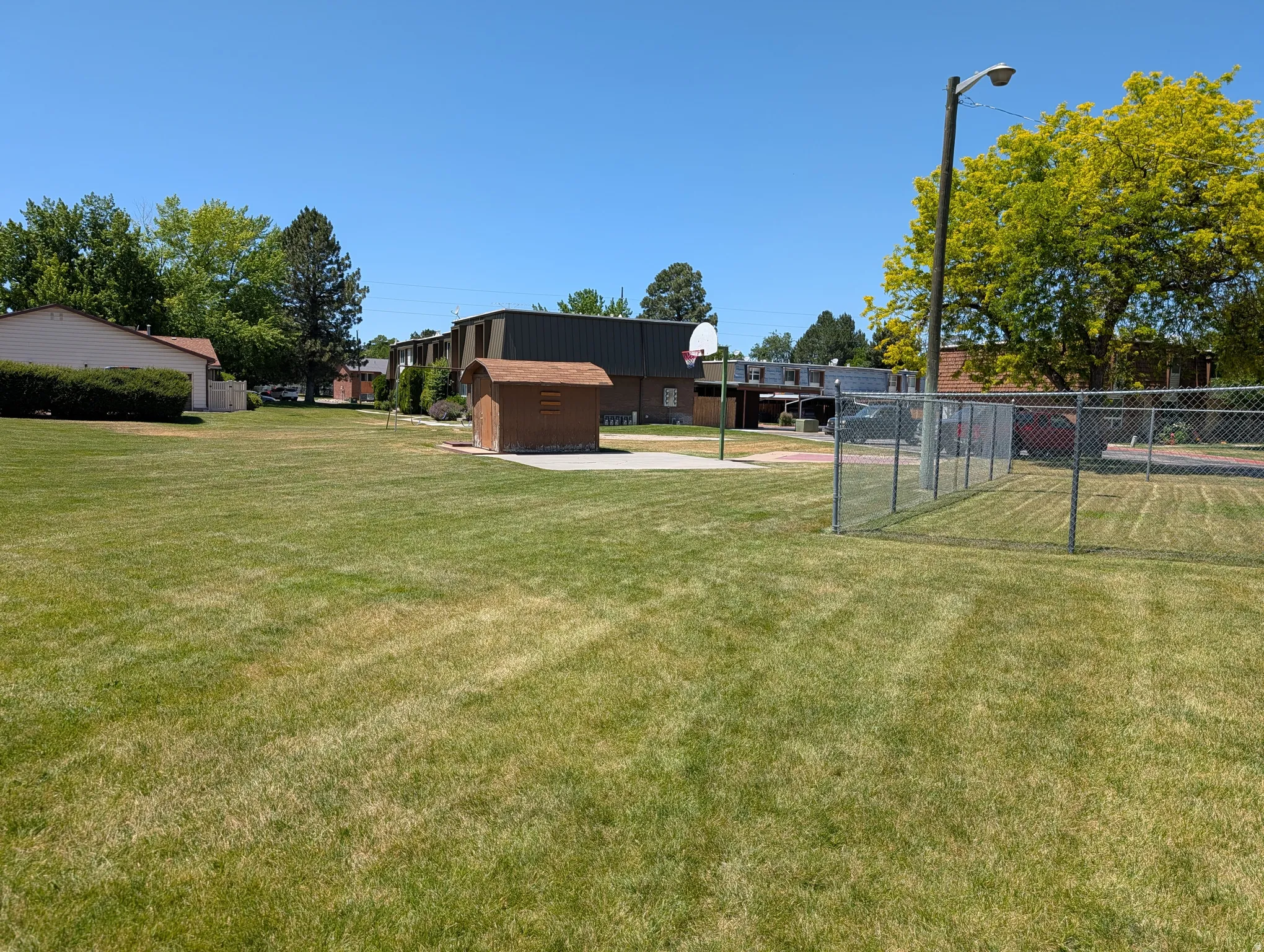 Expansive grassy area featuring a chain-link fence, a small shed, a concrete pad, and a basketball hoop