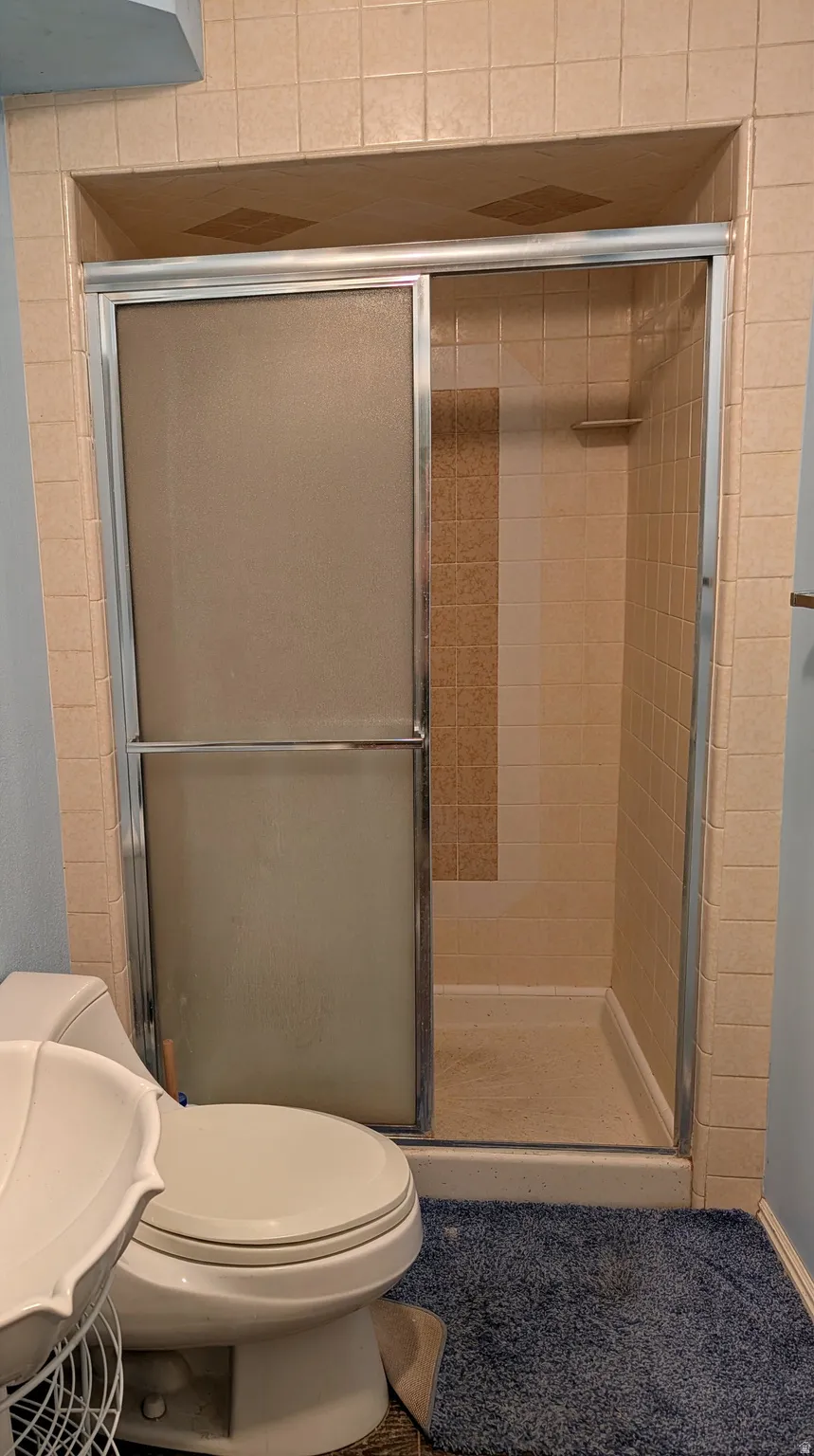 Bathroom featuring a shower stall and carpet