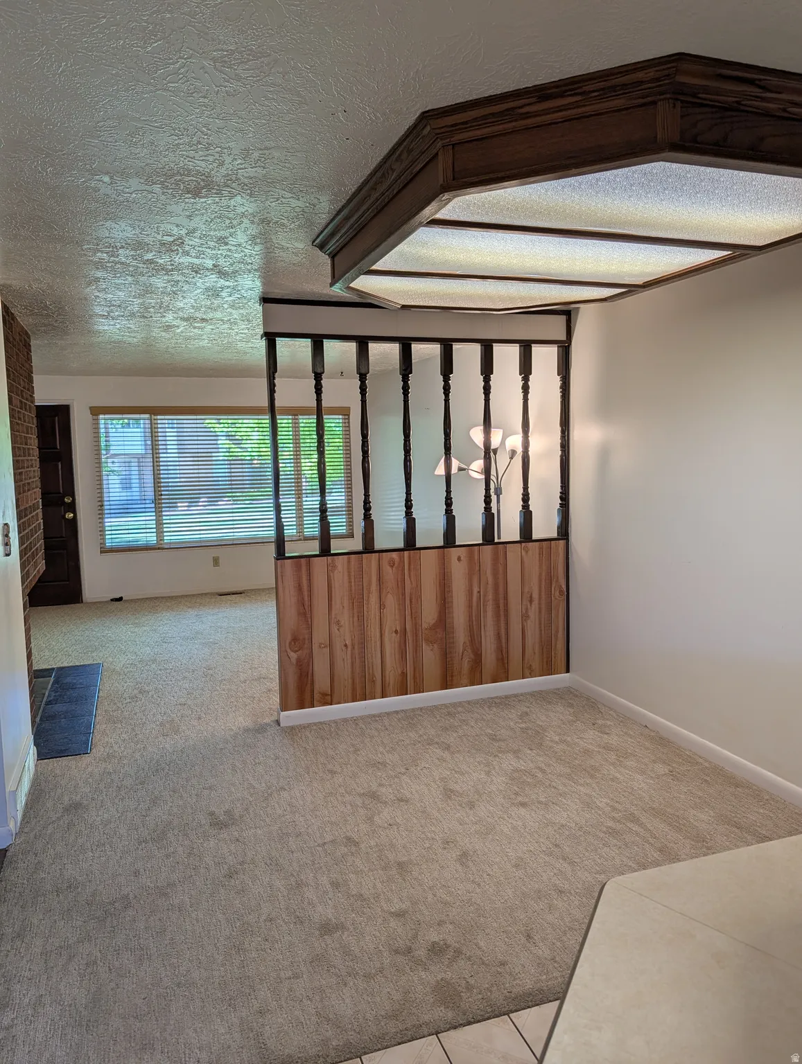 Carpeted interior space featuring a partial wood panel wall and an octagonal ceiling light fixture