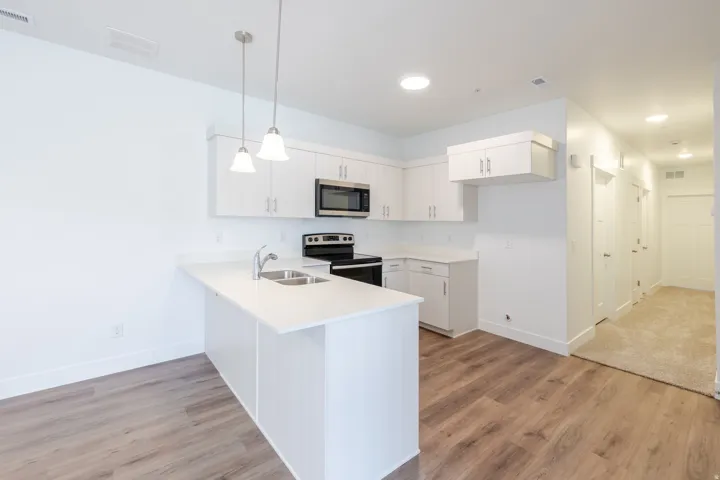 Kitchen featuring white cabinetry, stainless steel appliances, a double basin sink, and pendant lighting over a peninsula