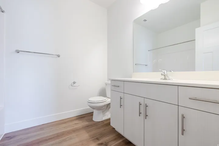 Bathroom featuring wood-finish flooring, a white vanity with brushed nickel hardware, a rectangular vanity mirror, and a white toilet