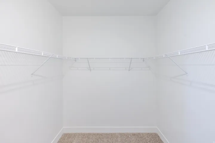 Walk-in closet with white wire shelving, white walls, and neutral-toned carpeting