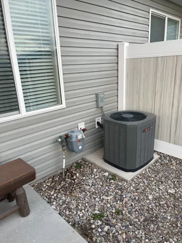 Exterior view of a central AC unit and gas meter