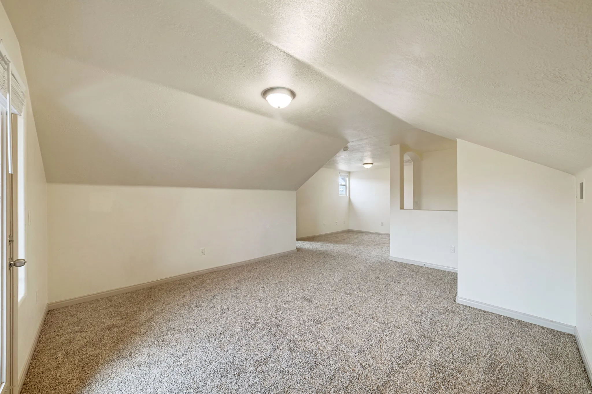 Bonus room with light carpet, a textured ceiling, and lofted ceiling