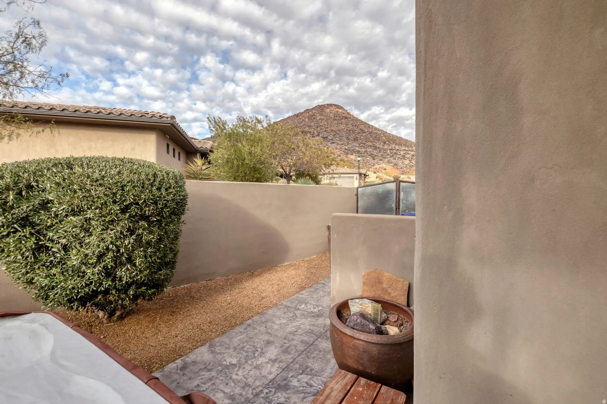 View of patio featuring a mountain view