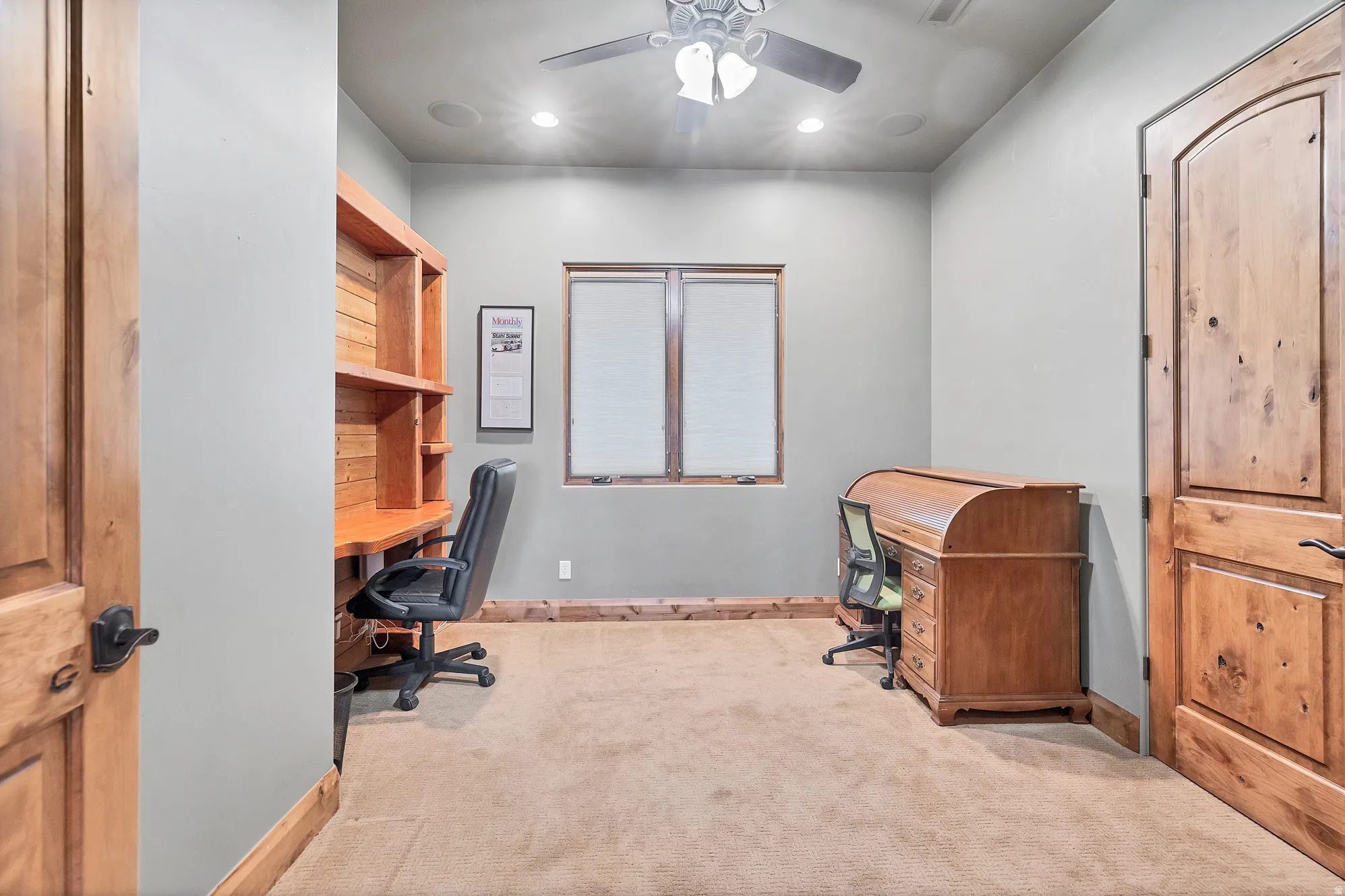 Office featuring light carpet, ceiling fan, and recessed lighting