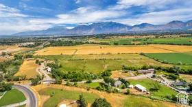 Aerial view of sparsely populated area with mountains
