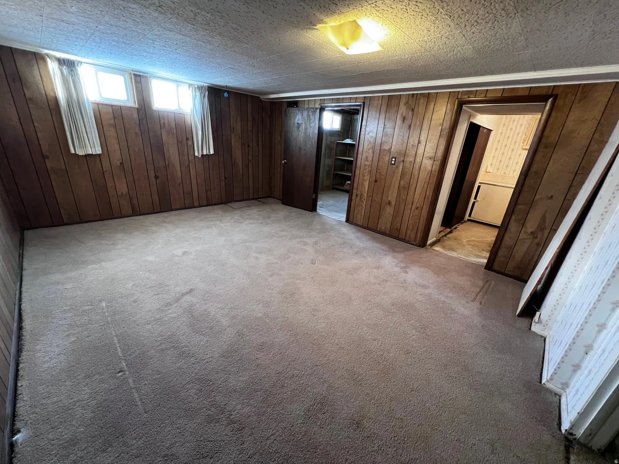 Unfurnished bedroom featuring wooden walls and carpet floors