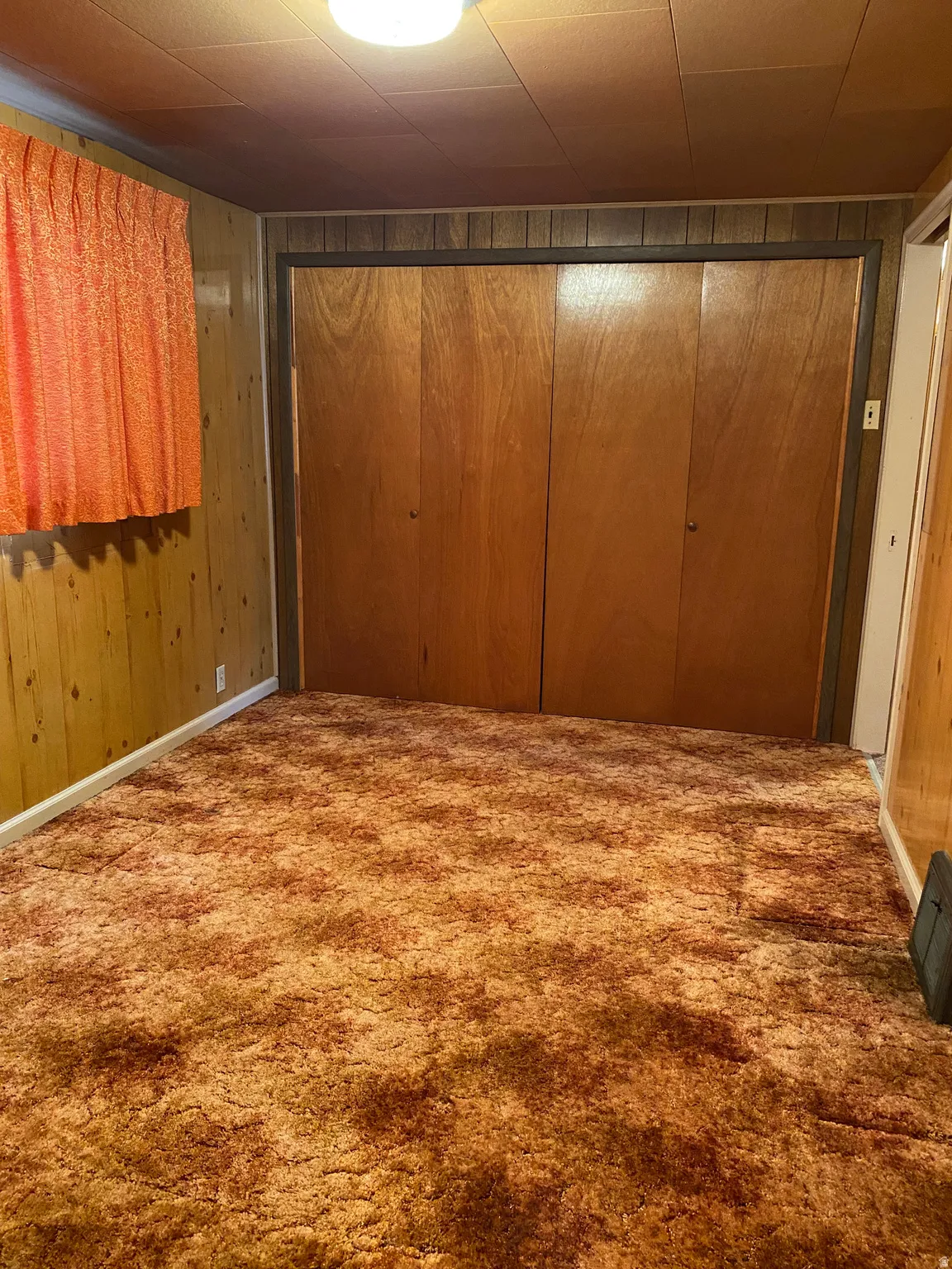 Bedroom #2 featuring a closet, wood walls, and carpet floors