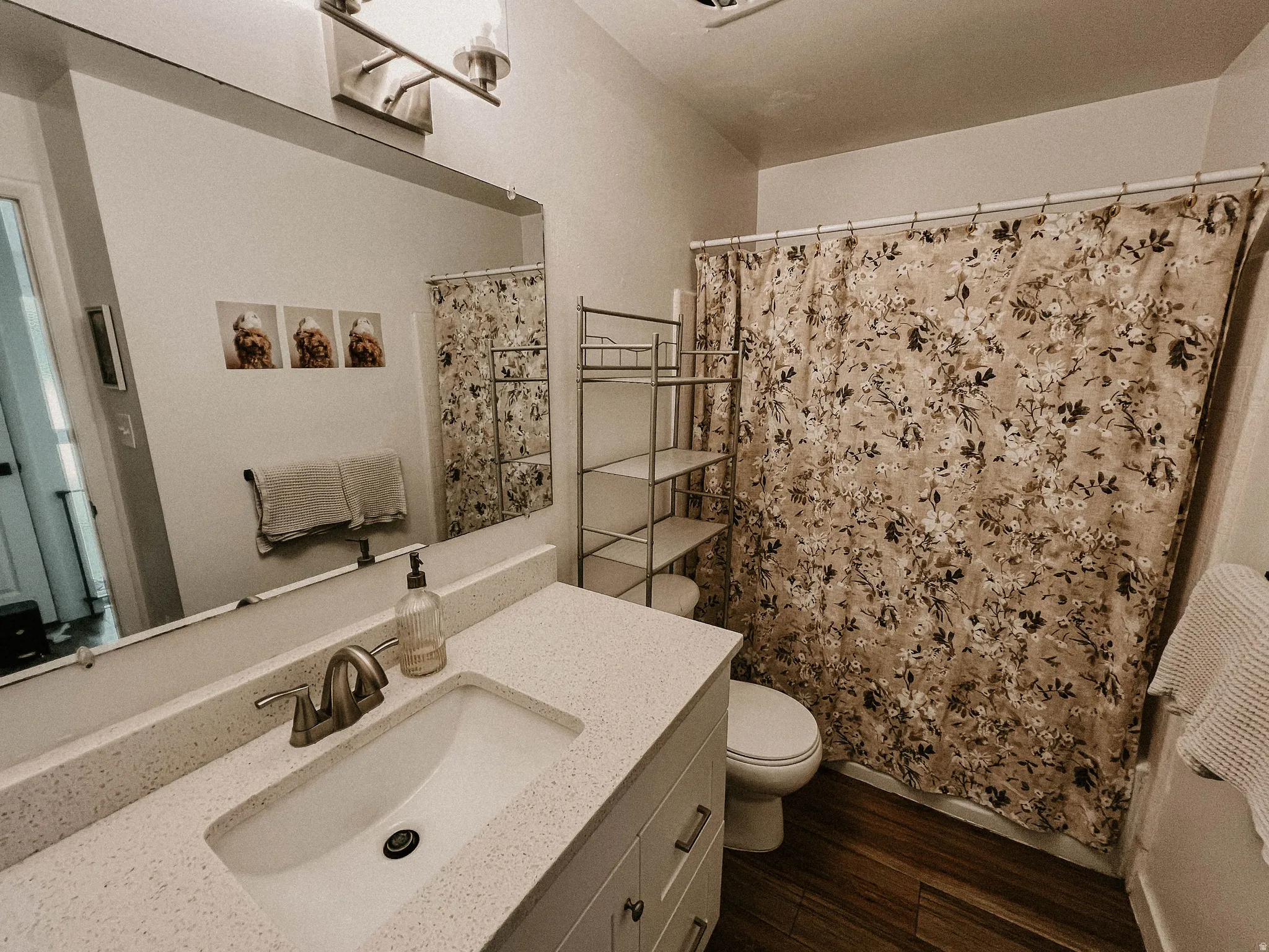 Full bathroom with a shower with shower curtain, vanity, and dark wood finished floors
