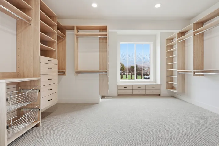 Walk in closet with carpet floors