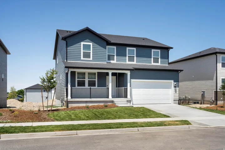 ***DISCLAIMER** Exterior & Interior finishes may vary. View of front of home with covered porch, driveway, a garage, a front lawn, and a shingled roof