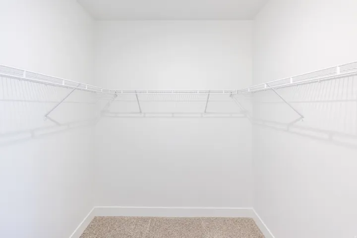 Walk-in closet featuring white wire shelving, white walls, and a neutral carpeted floor