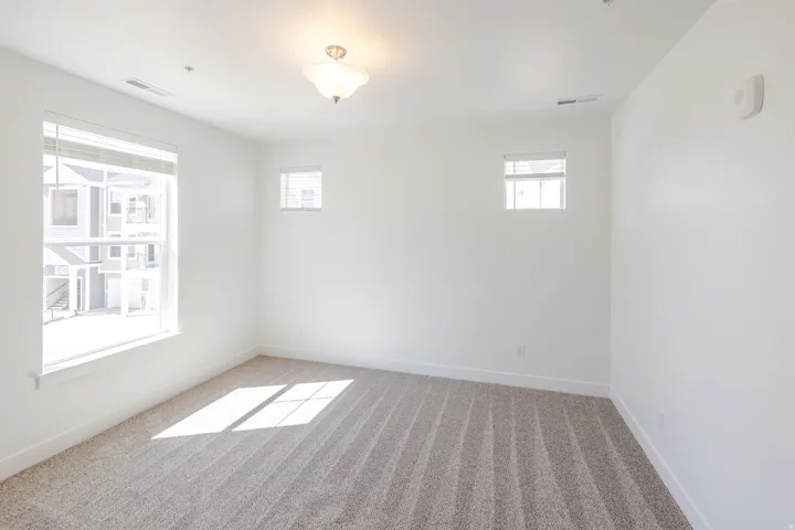 Carpeted room featuring multiple windows, a ceiling-mounted light fixture, and white wall finishes