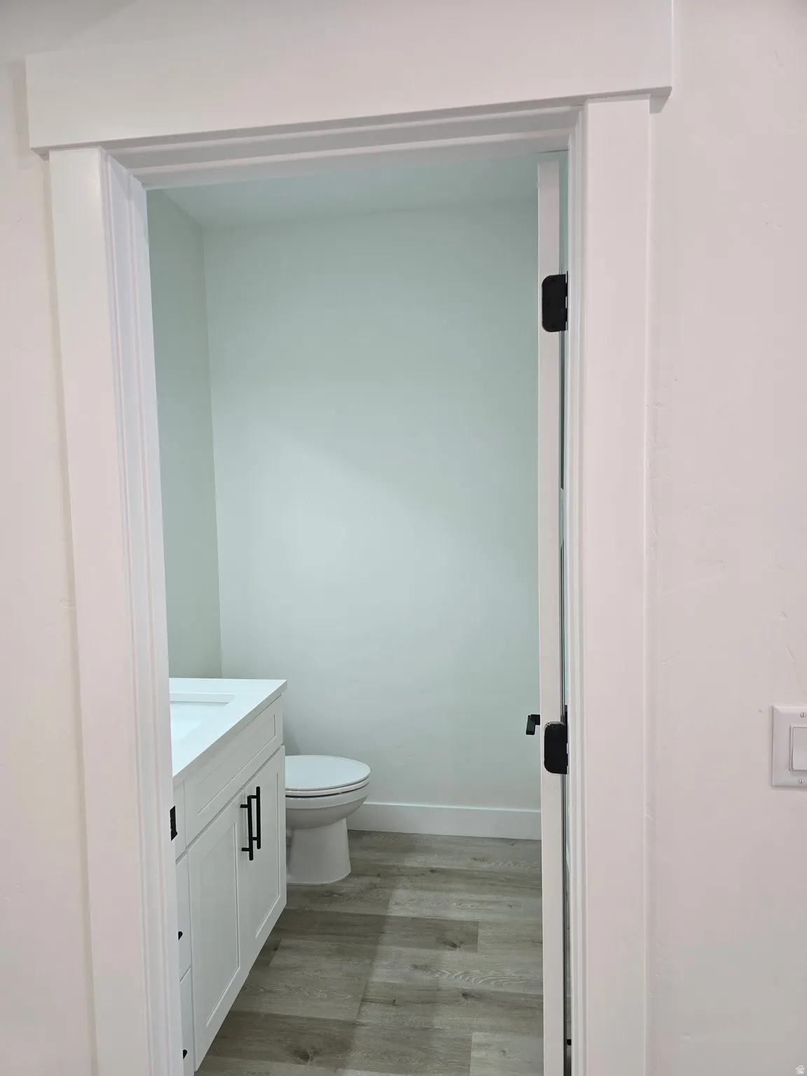 Half bathroom featuring vanity and light wood-style floors