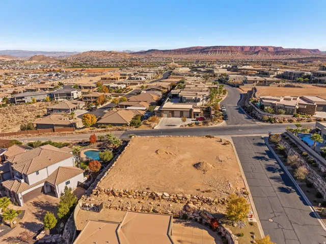 Aerial view of residential area with mountains