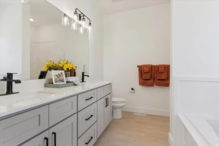 Bathroom with double vanity, light wood finished floors, and a bath