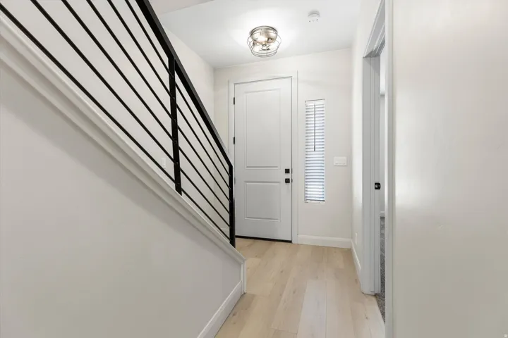 Entryway featuring light wood-finish flooring, a contemporary semi-flush mount light fixture, and a white paneled door