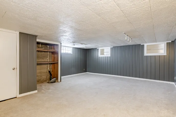 Below grade area with carpet and wooden walls