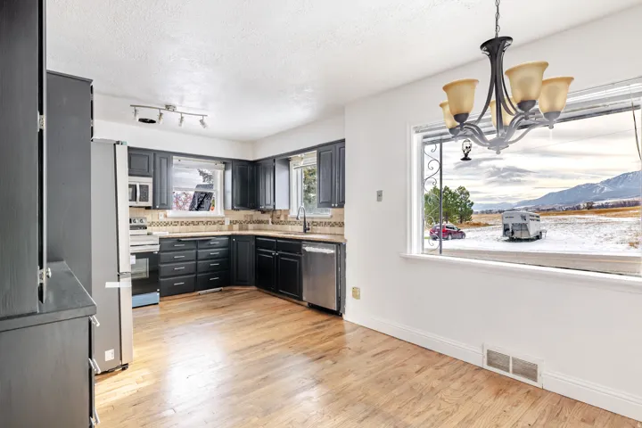 Kitchen with hanging light fixtures, stainless steel appliances, a textured ceiling, a chandelier, and light wood-type flooring