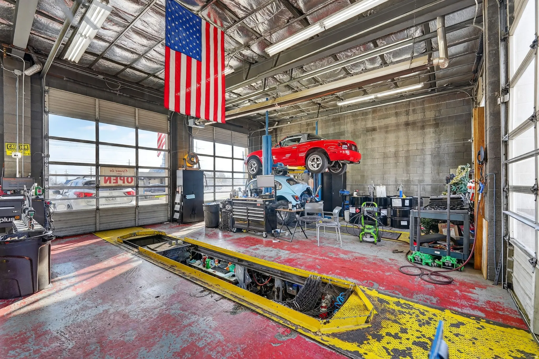 Garage with concrete block wall