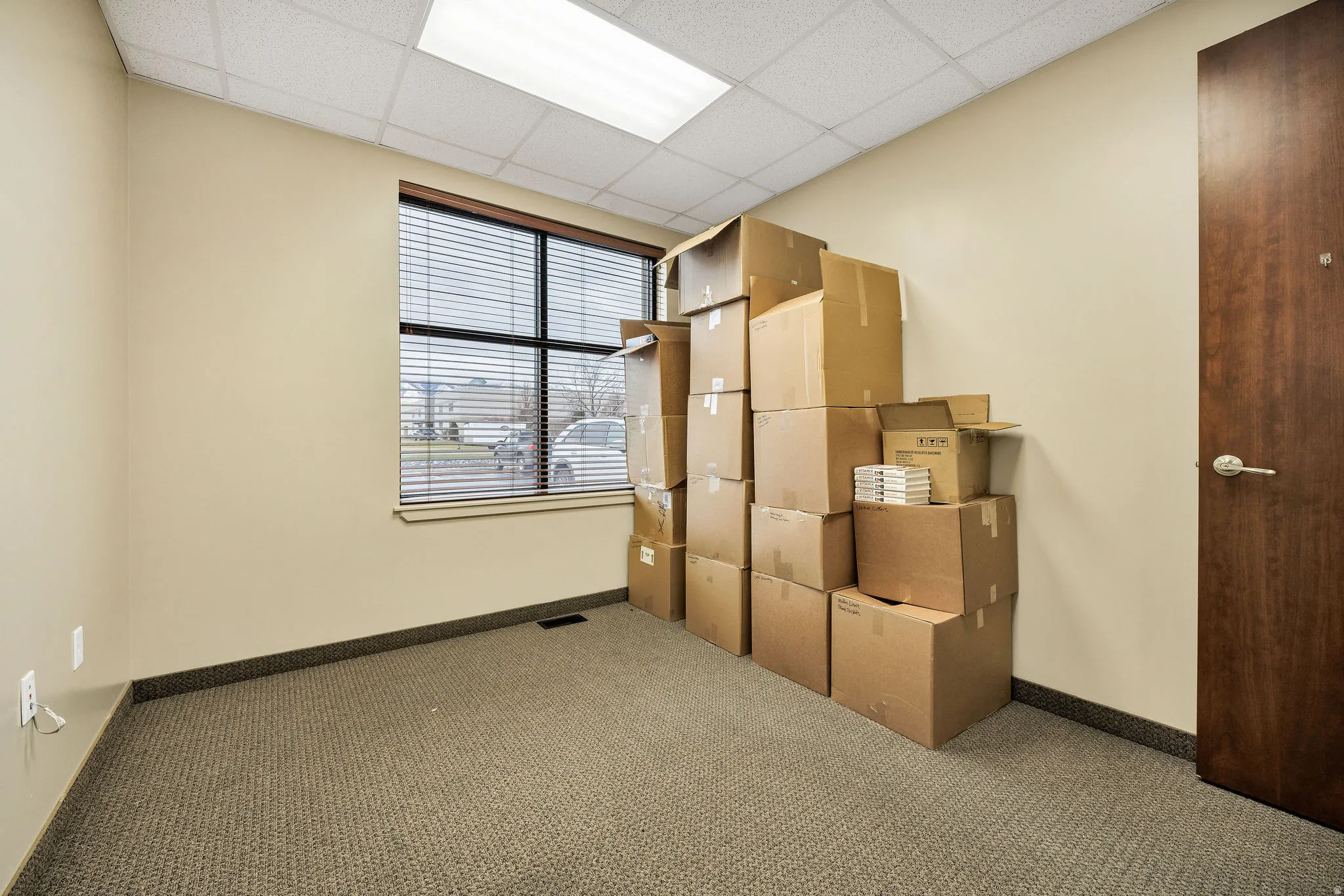 Carpeted empty room featuring a paneled ceiling and baseboards