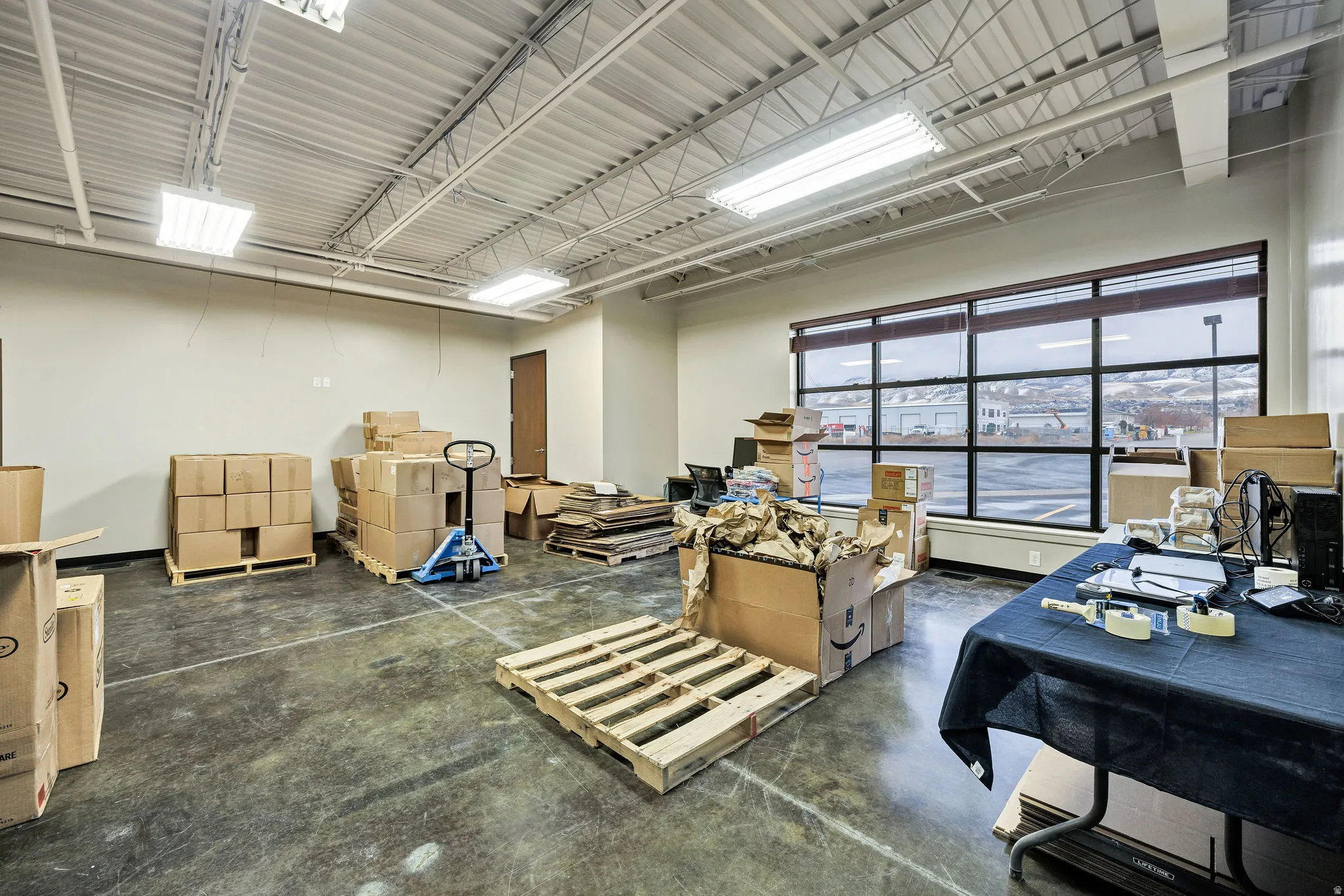 Garage with an office area