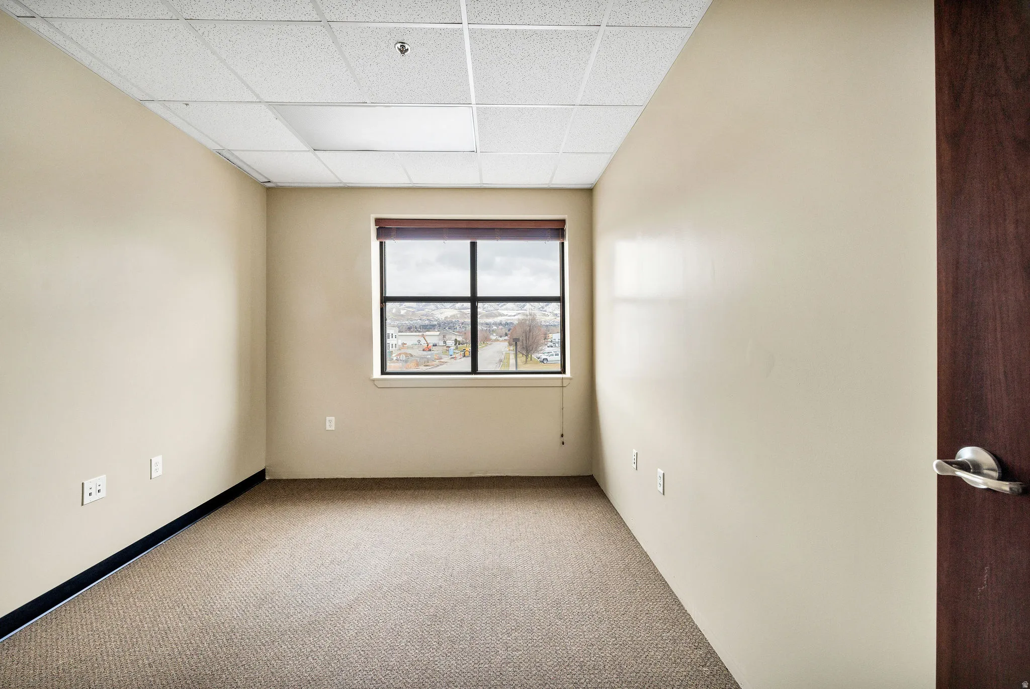 Spare room with carpet flooring and a paneled ceiling