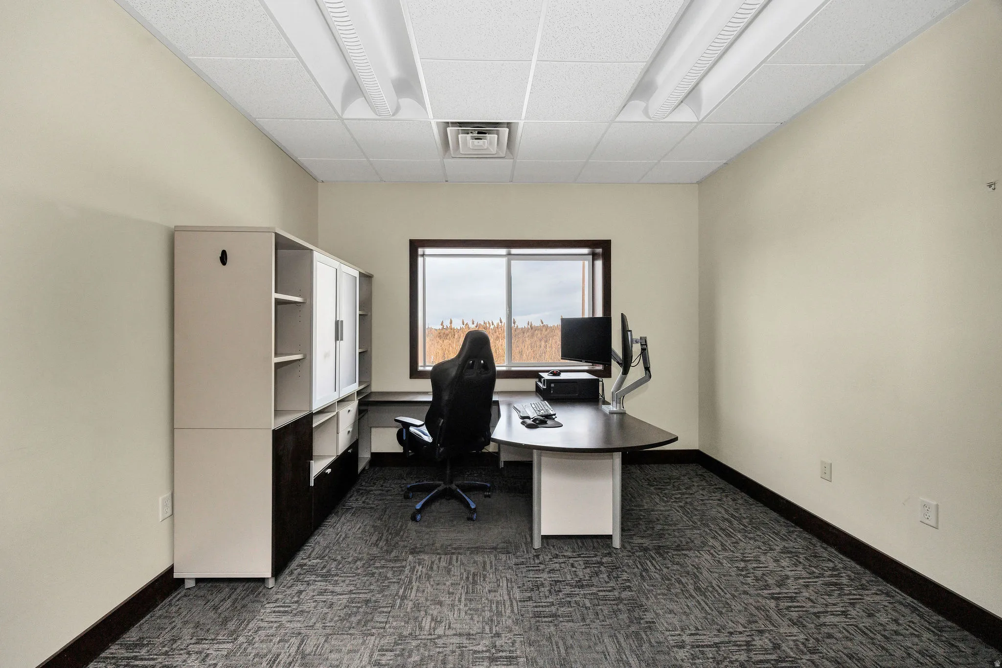 Home office with a drop ceiling and dark carpet