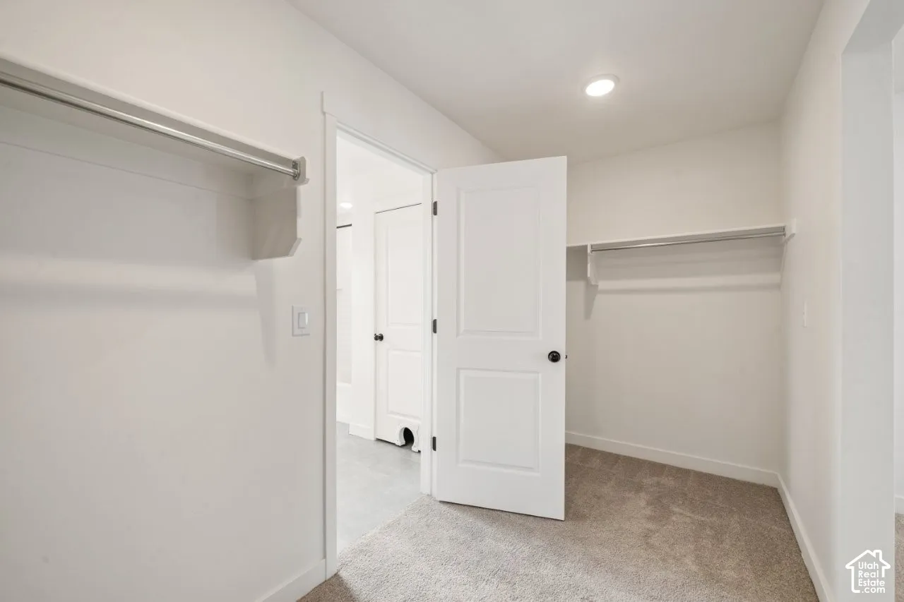 Walk in closet featuring light carpet