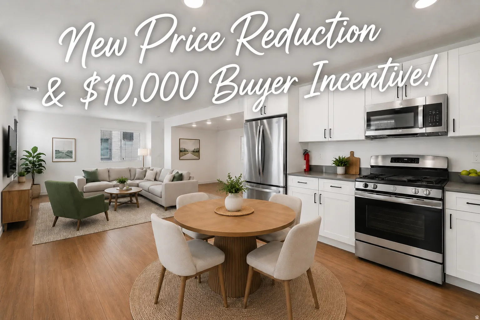 Open-concept living space featuring wood-finish flooring, a contemporary kitchen with stainless steel appliances, white cabinetry, and a dining area with a round table