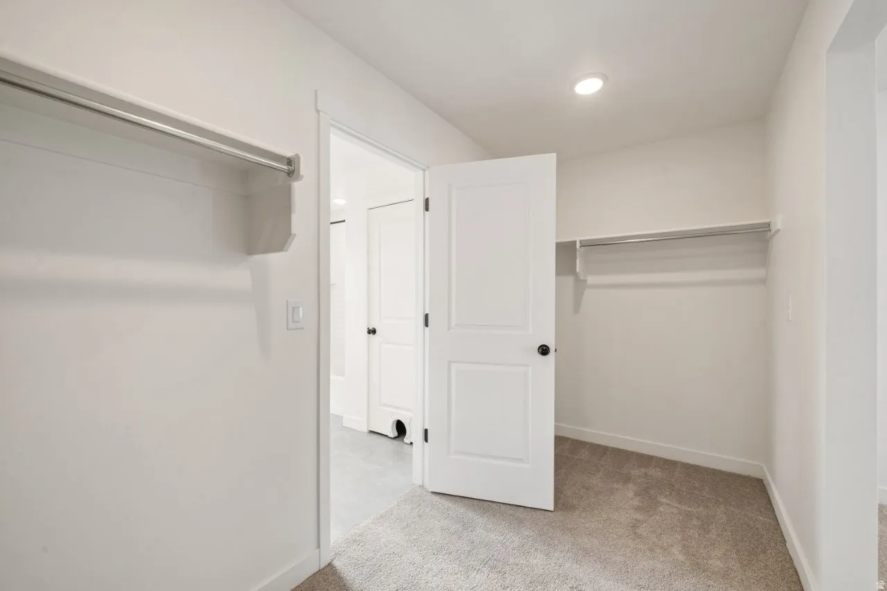 Walk in closet featuring light carpet