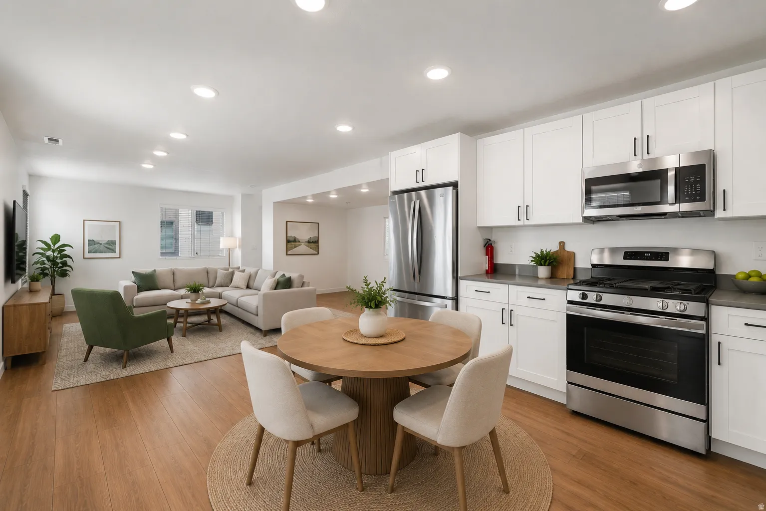 Spacious open-concept living area featuring wood-finish flooring and recessed lighting
