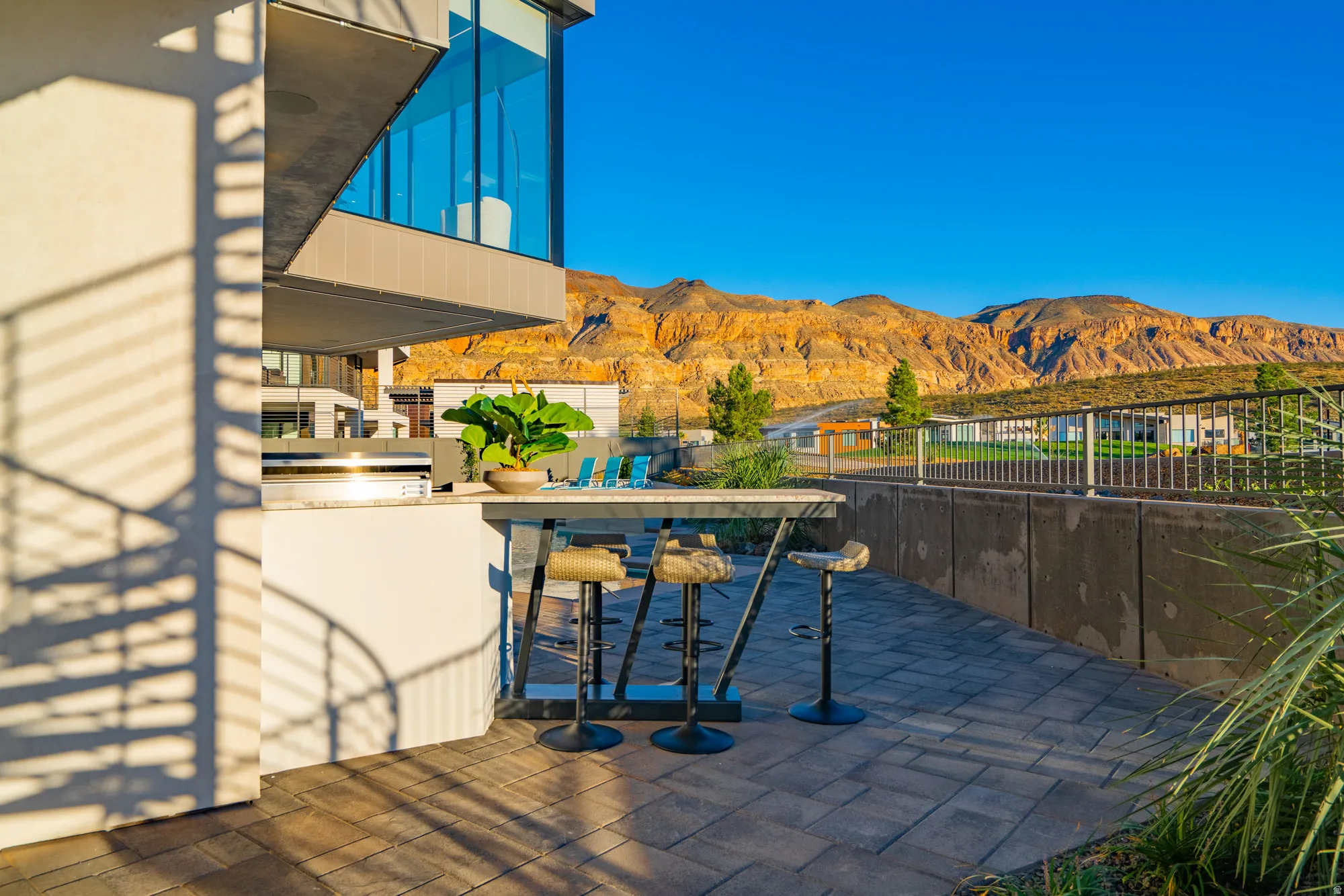 View of patio / terrace with a mountain view and grilling area