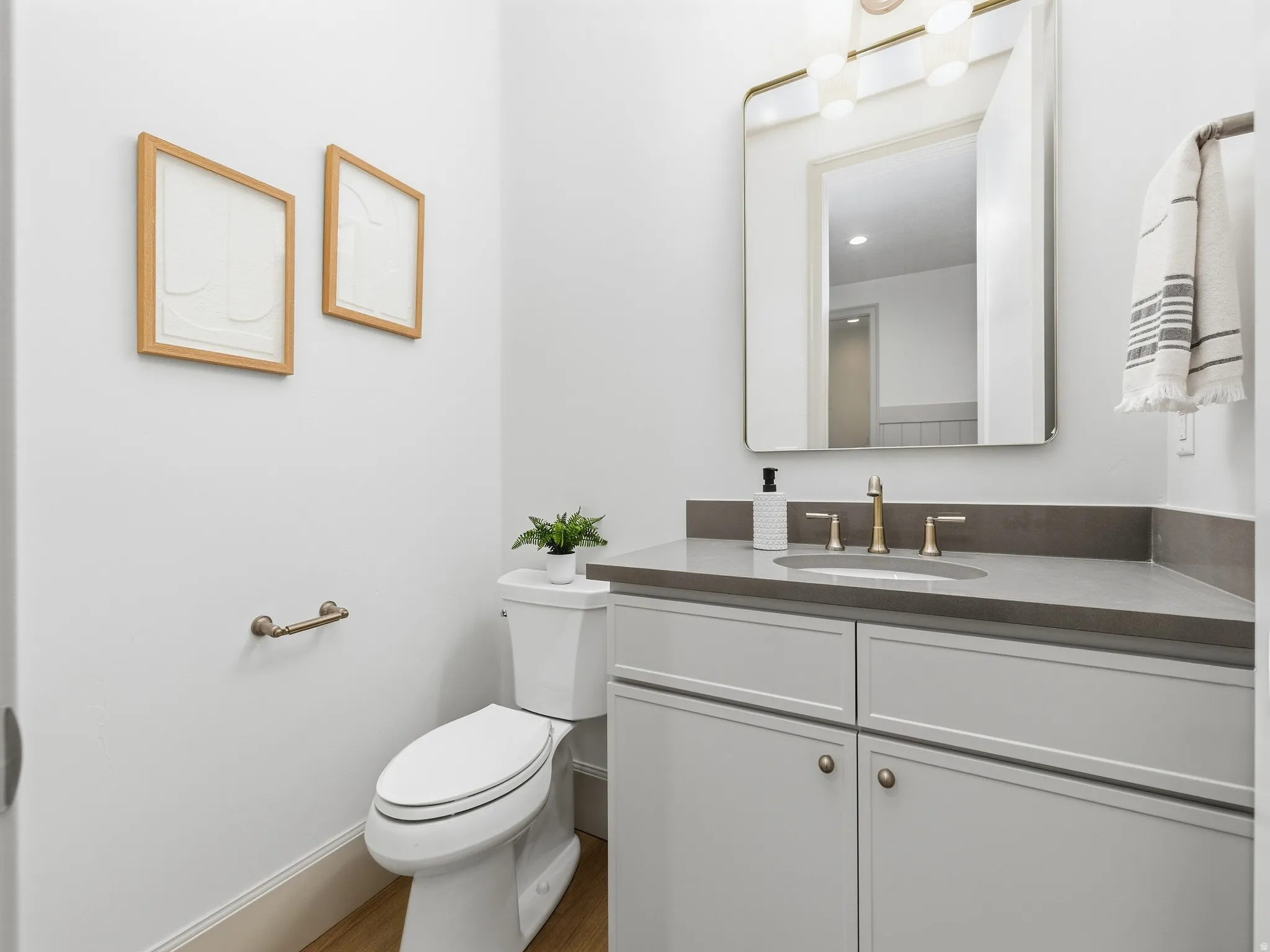 Bathroom featuring vanity and wood finished floors