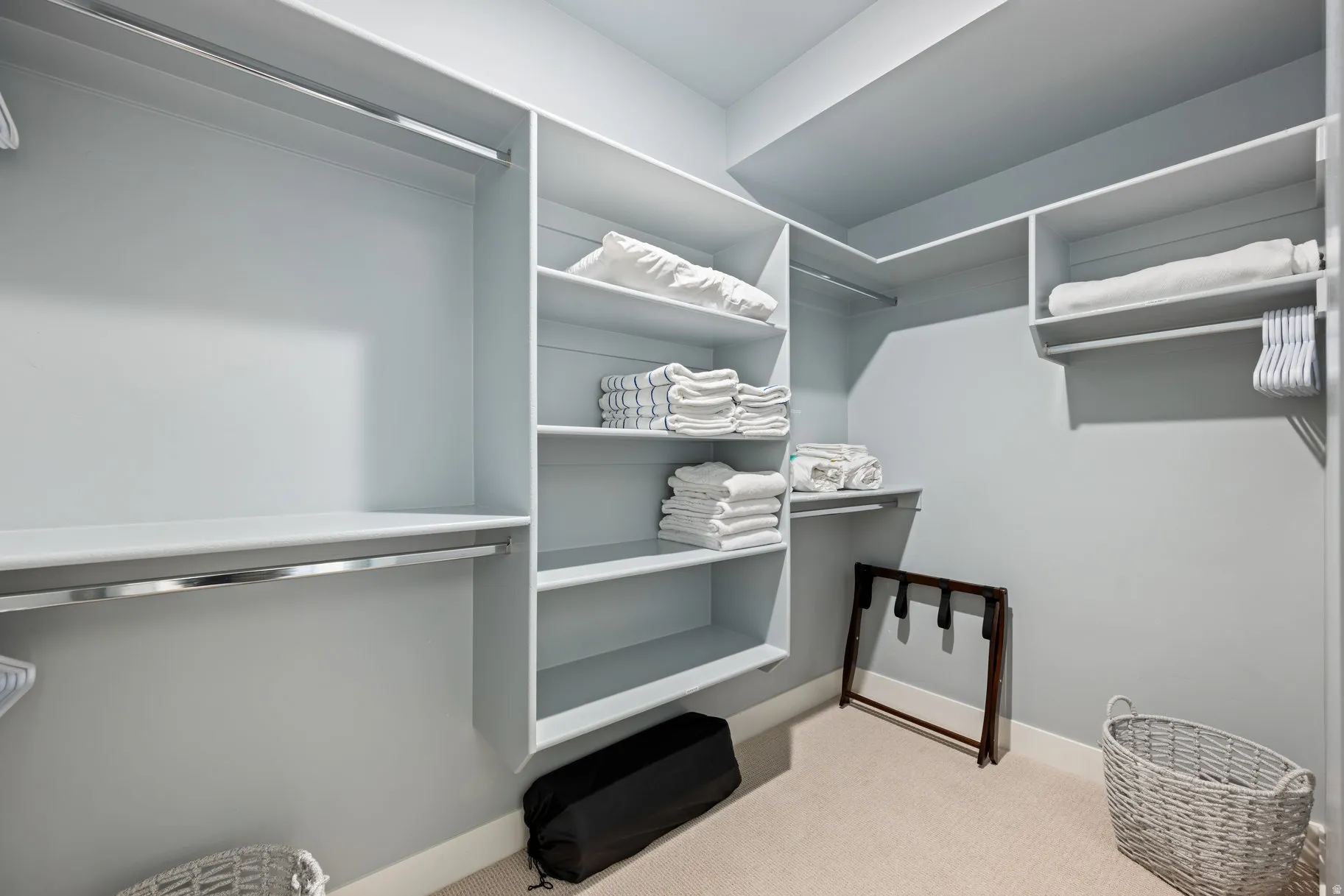 Walk in closet featuring light carpet