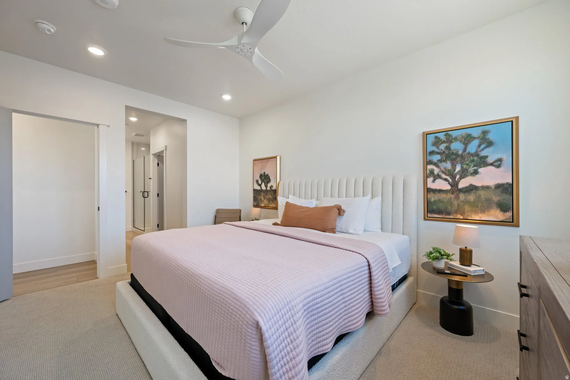 Bedroom with a ceiling fan, recessed lighting, and light colored carpet