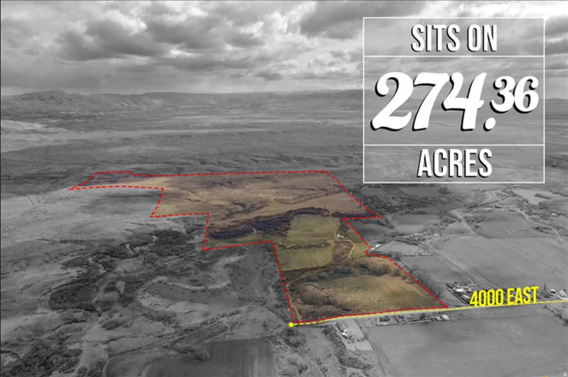 Aerial view of property's location with property parcel outlined