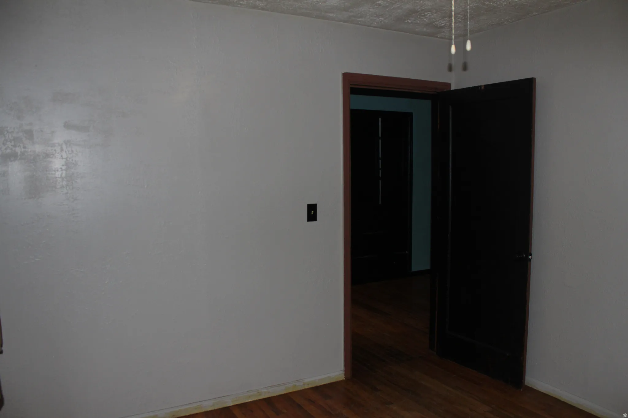 Unfurnished room with dark wood finished floors and baseboards