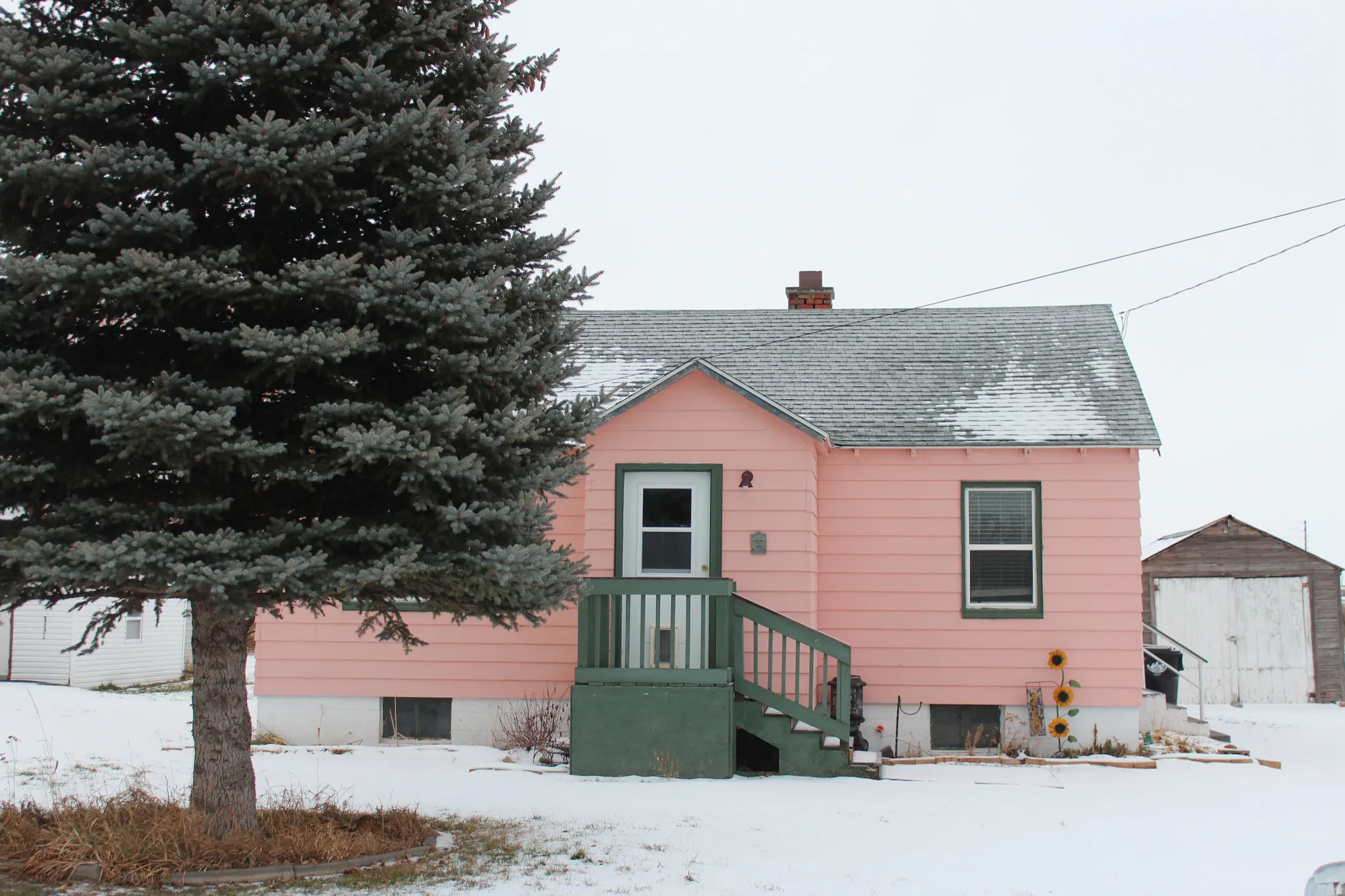 View of front of property featuring a chimney and roof with shingles