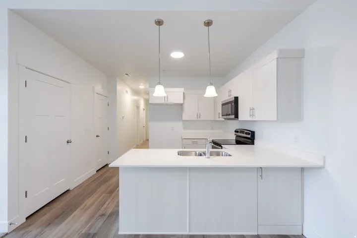 Contemporary kitchen featuring white cabinetry, a large kitchen island with a double basin sink, stainless steel appliances including a built-in microwave, and pendant lighting