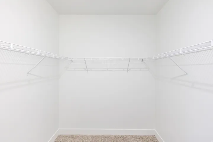 Spacious closet featuring white wire shelving, white walls, white trim, and neutral carpet