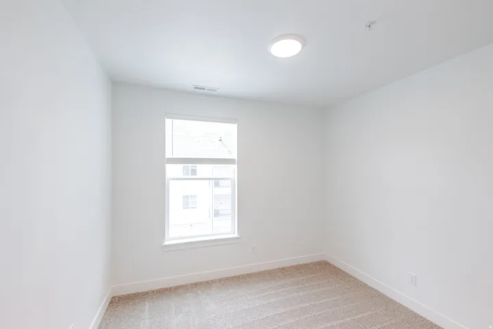 Light-filled room featuring neutral wall finishes, plush carpeting, and a modern flush-mount ceiling light