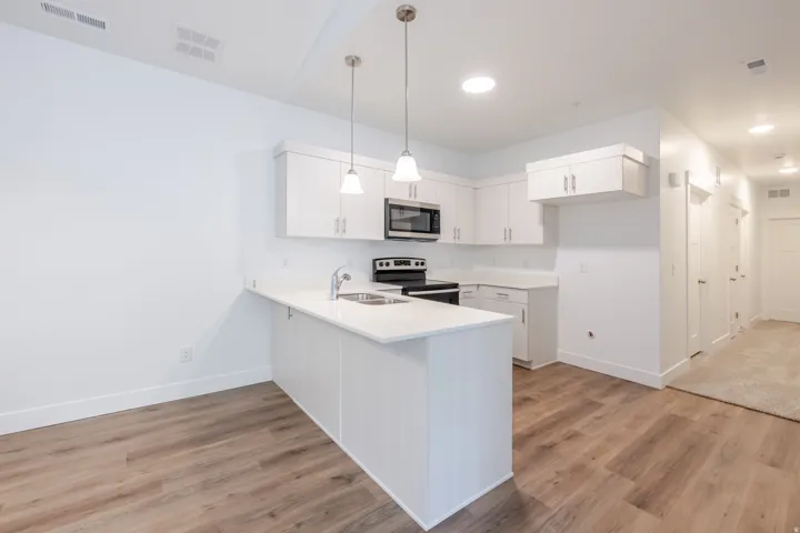 Modern kitchen featuring white cabinetry, stainless steel appliances, and sleek countertops